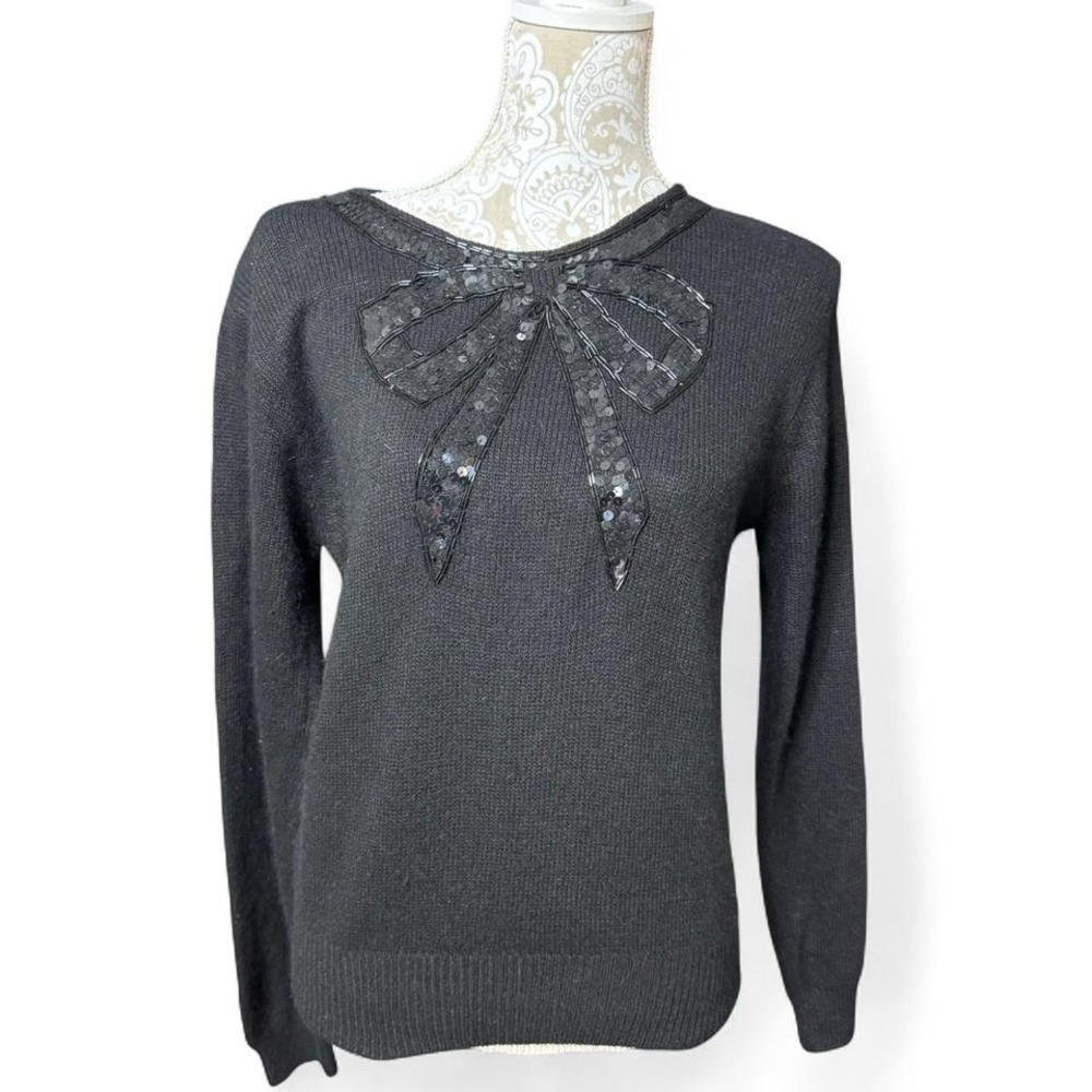 Black Silk Bow Beaded Sequin Festive Sweater Glam Size Large Petite